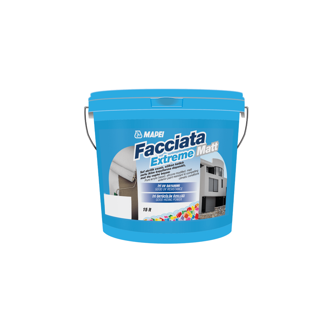 FACCIATA EXTREME MATT 1.GRUP 15LT %100 saf akrilik esaslı, zorlu iklim koşullarına dayanıklı, mat dış cephe boyası.
