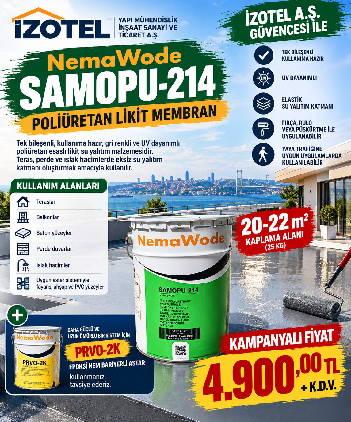Samapu 214 Poliüretan Likit Membran 25 KG | UV Dayanımlı